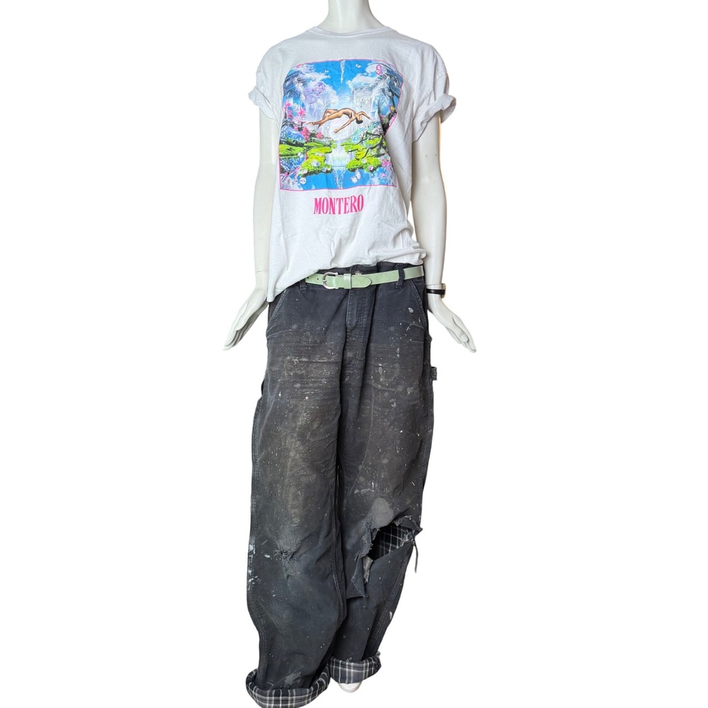 Carhartt Mens Flannel Lined Carpenter Pants Black Distressed Thrashed 38x34 B111